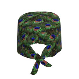 Peacock Feathers Working Cap Scrub Cap with Sweatband Adjustable Unisex Women Tie Back Hat Nurse Surgical Caps