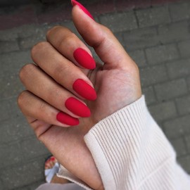 KQueenest Matte Red Press On Nails Short Oval Gel Fake Nails Round Acrylic Nails Press Ons Short Almond Nails Glue on Pure Color Stick On Nails For Women Girls Daily Wear, No Glue
