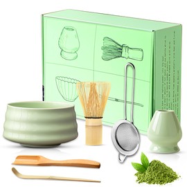 Gobesty Matcha Tea Set, 6pcs Matcha Whisk Set Accessory for Matcha Whisk, Bowl, Scoop, Sifter, Whisk Holder, Ceramic Matcha Bowl. Mtacha Kit for Matcha Latte, Making Usucha and Koicha(Green)