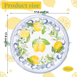BUWUSMU 120 Pack Capri Lemon Paper Plates 7 Inch, Blue Tile Yellow Disposable Party Plates Set for Lemon Theme Birthday Party Supplies, Serve 120 Guests