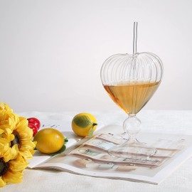 MANMAOHE 8 Oz Unique Cocktail Glasses Set of 2 Creative Heart Shaped Wine Glasses with Straw Romantic Drinking Glasses Juice Glasses for Wedding Home Bar Party(Stripe)
