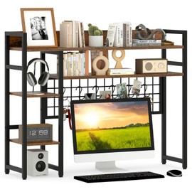 Giantex Desktop Bookshelf, 37" Desk Shelf for Up to 32" Computer Monitor, 4 Tier Desktop Display Shelves w/Grid Panel, 6 Movable Hooks, Anti-tip Device, Desk Hutch for Home Office Dorm (Rustic Brown)