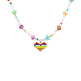 Flgtby Y2K Rainbow Heart Beaded Necklace Indie Collarbone Chain｜Must-Have Accessory for Sweet-Edgy woman｜Hand-Strung Mixed-Color Beads + Unique Resin Charms｜Unlock Your Y2K Fashion Vibes