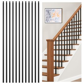 30P Wrought Iron Balusters Plain Bar for Staircase, 1/2" x 44" Square Hollow Spindles Deck Balusters, Black Metal Balusters for Stairs, Straight Stair Banister Spindles Railing