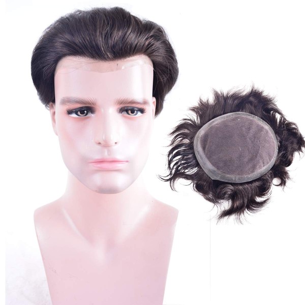 Human Hair Toupee for Men 8x10 Inch French Lace with 1.5" Clearly PU 360-degree Cap Base, LLWear European Virgin Natural Wave Men's Wigs Hairpieces Replacement System Dark Brown(#2)