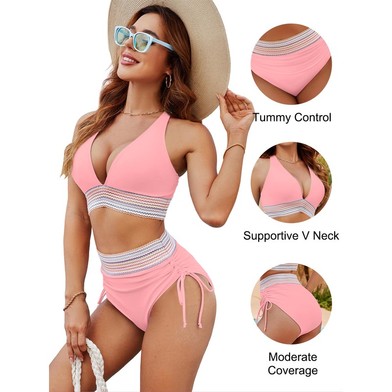 Blooming Jelly Womens High Waisted Bikini Sets Color Block Tummy