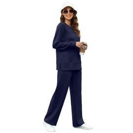 OFEEFAN Women Plus Size Outfits 2 Piece Lounge Sets Fall Long Sleeve Tracksuits Crewneck Sweatsuits Winter Loungewear Travel Track Suit Wide Leg Sweatpants Matching Clothing Set Navy 3XL