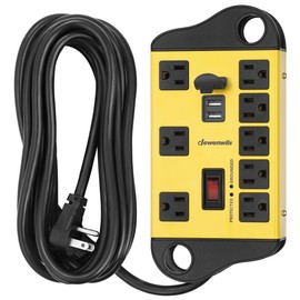 DEWENWILS 8-Outlet Metal Power Strip Surge Protector with 2 USB Ports, UL Listed, 15 Ft Flat Plug Extension Cord, Heavy Duty Industrial Power Strip,15A Circuit Breaker, 1440Joules, Wall Mount