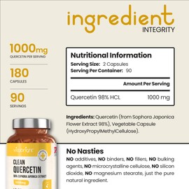 VitaBright Quercetin Supplement, 180 Capsules, Quercetin 1000mg Daily (x2 Capsules Quercetin 500mg), Bio Quercetin Dihydrate Powder, Quercetin Antioxidant Supplements, VitaBright Flavonoids Supplements