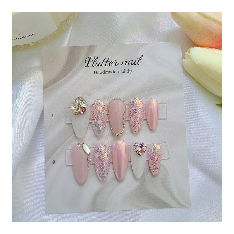 Lovely pink glitter handmade nail tip - Short Square /