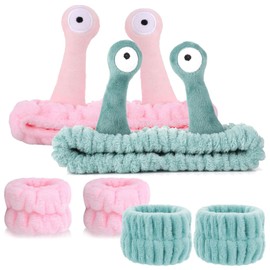 Bohue 2Pcs Spa Headband Face Wash Wristband Set Cute Cartoon Snail Headband Soft Elastic Coral Fleece Hair Band for Face Washing Skincare Yoga Sports Makeup Bath