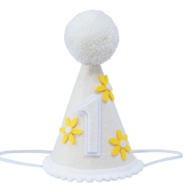 OUR FANDA First Birthday Party Hat with Yellow Daisies, White Cone with Pom Pom, 1st Birthday Celebration