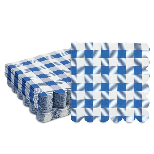 Blue Plaid Scalloped Napkins (6.5 x 6.5 in, 100 Pack)