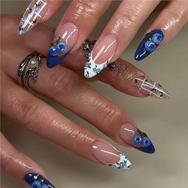 Almond Press on Nails Medium OFDNE 3D French Tip Fake Nails False Nails with Fruit Blueberry Designs Blue&White Glossy Glue on Nails Summer Stick on Nails for Women Girls 24Pcs