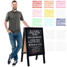 BBTO Double Sided Display Felt Letter Board 36 x 20 Inch Large Wooden Menu Board Letter with Changeable Letters, Numbers, Lock and Keys Stand A Frame Acrylic Sidewalk Sign for Bar Restaurant Wedding