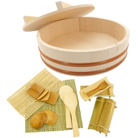 BambooMN 15.3" Hangiri Oke Sushi Rice Cooling Bowl/Tub with Lid, 19 Pieces Making Serving Accessory Kit - Jumbo