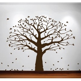 Family Tree Wall Decal Oak Branches Large Nursery Picture Decal with Leaves and Birds #1233 (96" High x 107" Wide, Matte Brown)