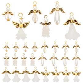 PH PandaHall 48pcs 6 Styles Angel Wing Charms, White Pear Beads Flower Caps with Antique Golden Wing Beads Angel Fairy Wing Beads Dangle Pendants for DIY Necklace Bracelet Jewellery Keychain Making