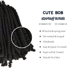 Niseyo Pre twisted Bob Spring Twist Hair 10 Inch 7 Packs Short Pre-looped Crochet Braid (1#/Jet Black)