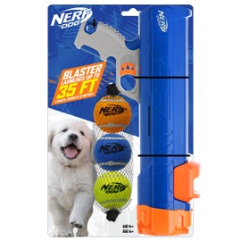 Nerf Dog 12in Blaster w/o Ball Clip 3 2in Squeak Tennis Balls - Opaque Blue/Orange/Gray and Orange and Blue and Green, Small