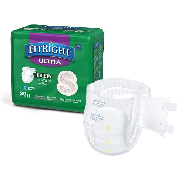 FitRight Ultra Adult Diapers, Disposable Incontinence Briefs with Tabs, Heavy Absorbency, Small, 20"-33" (Pack of 20)