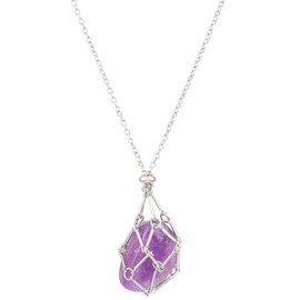 Ceeyoll Amethyst Chain Mesh Pockets Crystal Necklace Quartz Crystal Stone Necklace Rope Interchangeable Crystal Stones Amethyst Mesh Necklace Suitable for Gatherings Parties Birthdays, Iron, Crystal