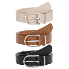 JASGOOD 3 Pack Women’s Leather Belts for Jeans Pants Fashion Ladies Belt with Silver Buckle, G-Black+Brown+Beige