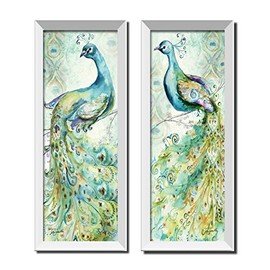 Gorgeous Teal Green and Purple Watercolor Style Peacock Panel Set by Tre Sorelle Studios; Two white framed 6x18in Prints; Ready to hang!