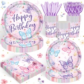 120PCS Butterfly Birthday Party Supplies Spring Butterfly Themed Party Decorations for Girls Tableware Plates Napkins Party Supplies Serves 20 Guests