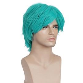 BERON Turquoise Short Straight Wig with Bangs Cyan Bob Hair Wig for Men Boys Synthetic Wigs Cosplay Costume Party Daily Wigs