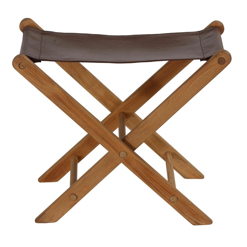 Bare Decor Davie Teak and Leather Folding Accent Stool, 18",