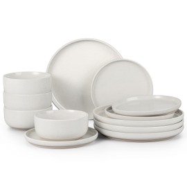 HaWare Stoneware Dinnerware Sets, 12-Piece Plates and Bowls Set for 4, Dishes Set for Home Restaurant, Speckled Milky White