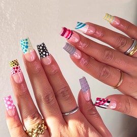 Uñas postizas cuadradas medianas para pegar, diseños variados, punta francesa colorida con rayas y lunares, para manicura casera, 12 tamaños, 24 unida