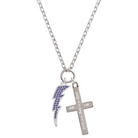 Delight Jewelry Silvertone Large Blue Crystal Lightning Bolt I Set You Apart Engraved Cross Zoey Necklace, 28"