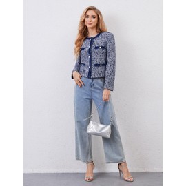 M.Infisavo Tweed Jacket Women Long Sleeve Open Front Fall Spring Winter Cardigan X-Large Denim Blue