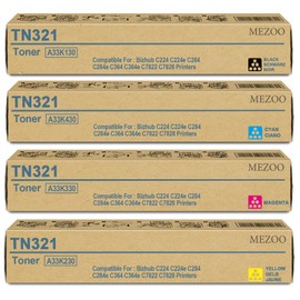 MEZOO TN-321 TN321 Toner Cartridge Black Cyan Magenta Yellow Replacement for TN321 A33K130 A33K430 A33K330 A33K230 Toner for Bizhub C224e C364e C284e C224 C284 C364 C7822 C7828 Printers(4 Pack