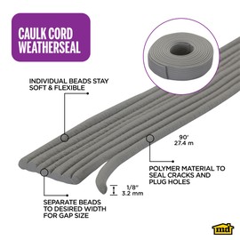 M-D Building Products Replaceable Caulk Cord Weatherseal: Quick and Effective Solution for Sealing Small Gaps, Cracks, and Protecting Against Drafts and Moisture (71548) (Gray) (90 ft)