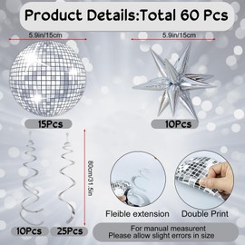 HYmoso 60 Pcs Disco Party Decorations Disco Paper Ball Star Hanging Swirls 70's Party Swirls Ceiling Decoration for 1970s Retro Disco Hippie Fever Party Boogie Birthday Party Party Favors Supplies