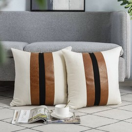 JASEN Set of 2 Leather Pillow Cover 18x18, Black and White Decorative Throw Pillow Covers Brown Modern Stripe Accent Cushion Cover Couch Bed Sofa