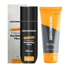 Hair Fibres GROOMARANG Keratin Hair Building Fibres for Thinning Hair - Instantly Conceals Thinning Areas for Fuller Thicker Hair - For Men & Women 28g PLUS 200ml Performance Shampoo (Black)