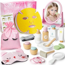 Toyssa Wooden Makeup Toy Set for Girls, Play Pretend Makeup for Toddlers 3-5 Princess Dress Up with Mask & Mirror, Skin Care Set Wooden Toys Christmas Birthday Gifts for 3 4 5 6 Years Girls