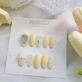 Yellow Tweed Pearl Handmade Nail Tips - Mediaval / 옐로우 트위드 진주 수제네일팁 - 미디오발