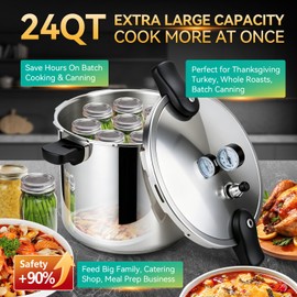 23+24+ Quart Aluminum Pressure Canner with Pressure Gauge, 15 PSI Large Capacity Pressure Cooker, Heavy Duty Commercial Cooking Pot with Steam Rack & Sealing Ring for Home Canning Batch Cooking
