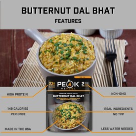 Peak Refuel Butternut Dal Bhat | Freeze Dried Backpacking and Camping Food | Amazing Taste & Quality | High Protein | Real Meat | Quick Prep (2 Serving Pouch) 6 pack