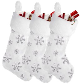 DIYDEC 3 Pack Christmas Stockings, White Faux Fur Large Plush Hanging Glitter Snowflake Xmas Stockings for Christmas Party Fireplace Decorations