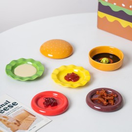 TUCHACA Ceramic Bowls & Plates Sets, Cute Hamburg Style 5-Pieces Dinnerware Sets, Dinner Dessert Plates & Cereal Bowls with Lid. Novel Tableware Gift.