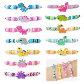 AUAUY 12 Stück Freundschaftsarmband Kinder, Einstellbare Geflochten Armbänder, Bunte Tonperlen Perlen Armbänder Set Kinderschmuck Als Geschenk für Mädchen Kinder Mitgebsel Geburtstag Party-Dinosaurier
