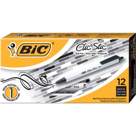 BIC® Clic Stic® Retractable Pens, Medium Point, 1.0 mm, White Barrel, Black Ink, Pack Of 12