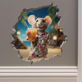 My Wonderful Walls Tourist Mouse with Cocktail 3D Wall Sticker, Removable Vinyl, Irregular Shape, Indoor/Outdoor, 5x5 inches, USA Made