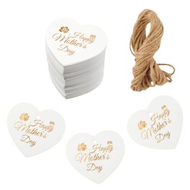 URROMA Mother's Day White Heart Gift Tags, 100 Pcs Happy Mother's Day Labels Paper Hang Tags with String for Mother's Day Gift Festival Party